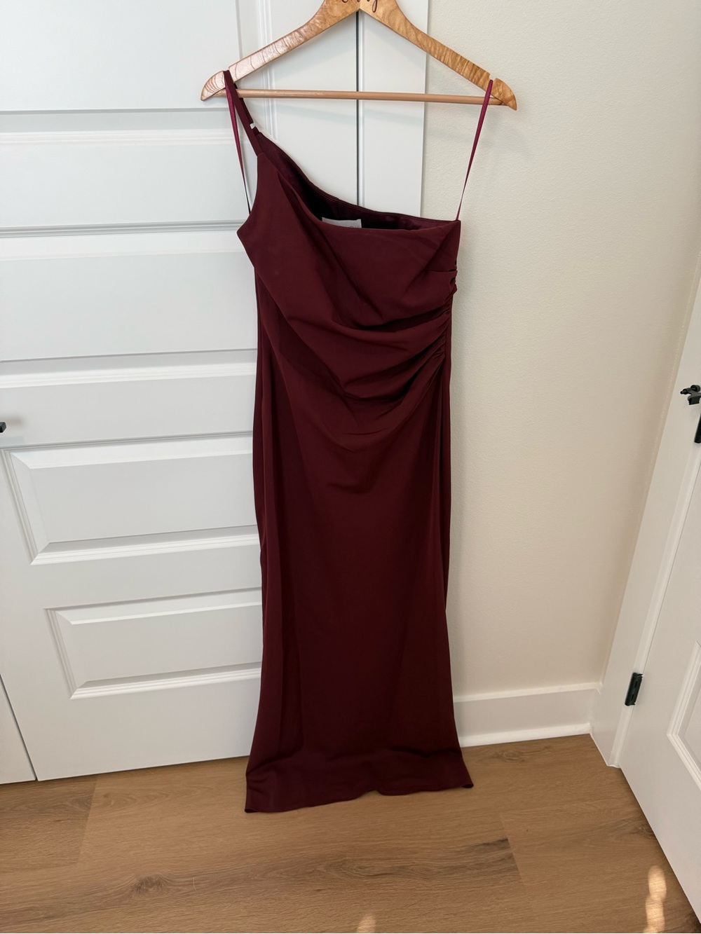 Revelry one shoulder Burgundy bridesmaids dress